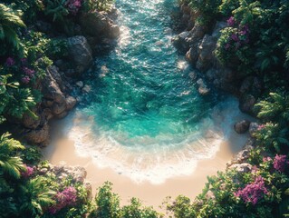 Lush, tropical cove, with turquoise water and white sand from a bird's eye view