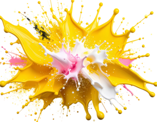  is a yellow paint, splattered in different directions, with pink and white colors on a transparent.PNG