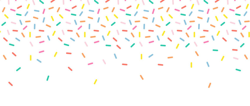 Small Dash Pattern. Colorful falling decorative sprinkles. Seamless pattern on white chocolate background. Donut glaze background. Simple Vector Illustration.