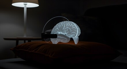 Illuminated Brain Model on Pillow at Night: A Study in Artificial Intelligence and Human Thought