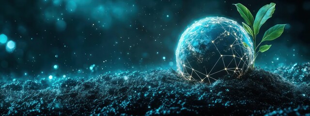 A globe with a network of lines and nodes is connected to the ground and leaves.