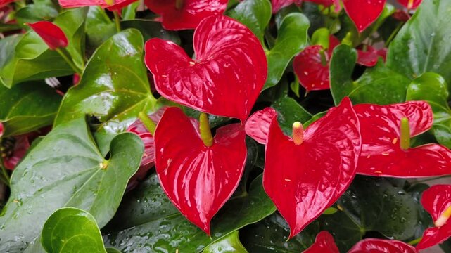 A vibrant display of red anthurium flowers surrounded by lush green leaves