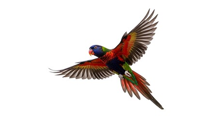 A parrot flying with vibrant feathers, white backdrop