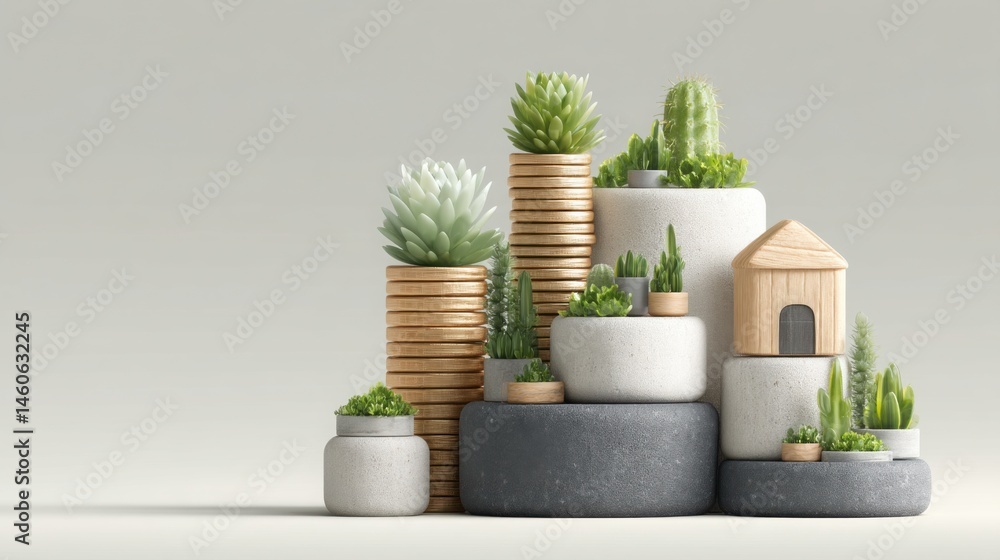 Aufkleber stack of concrete planters representing minimalist monthly budget summary layout icon concept for cl
