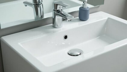 Close-up of a clean, white bathroom sink with chrome faucet , countertop, clean, modern