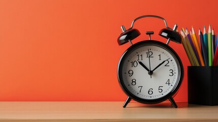 Black alarm clock on wooden desk with paper pencil holder against bright orange wall, minimalist school or study space concept.