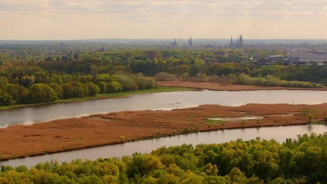 the historic germany city of luebeck and the trave river from far 4k 50fps video