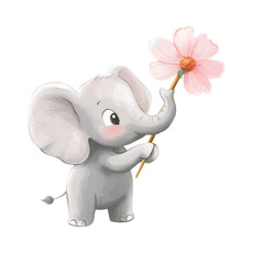 Cartoon Elephant Holding a Flower in Trunk Isolated on Transparent Background