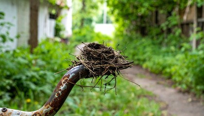 Obraz premium Bird’s nest on rusted bicycle handlebar in overgrown alley