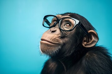 Whimsical Monkey Portrait with Glasses – Playful Close-Up in Bright Blue Setting"
