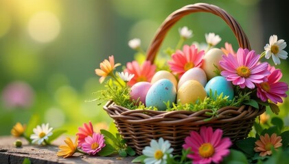 Colorful Easter eggs nestled in a spring basket overflowing with vibrant flowers , holiday decoration, easter decoration
