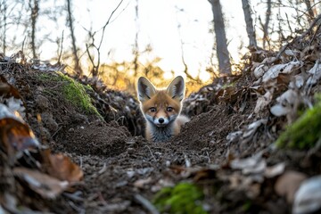 Fototapeta premium A curious red fox kit peeks from its den in a sunlit forest.