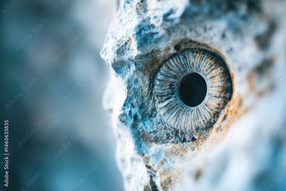 Poster close-up of fossilized eye in stone, ancient relic embedded in rock.
