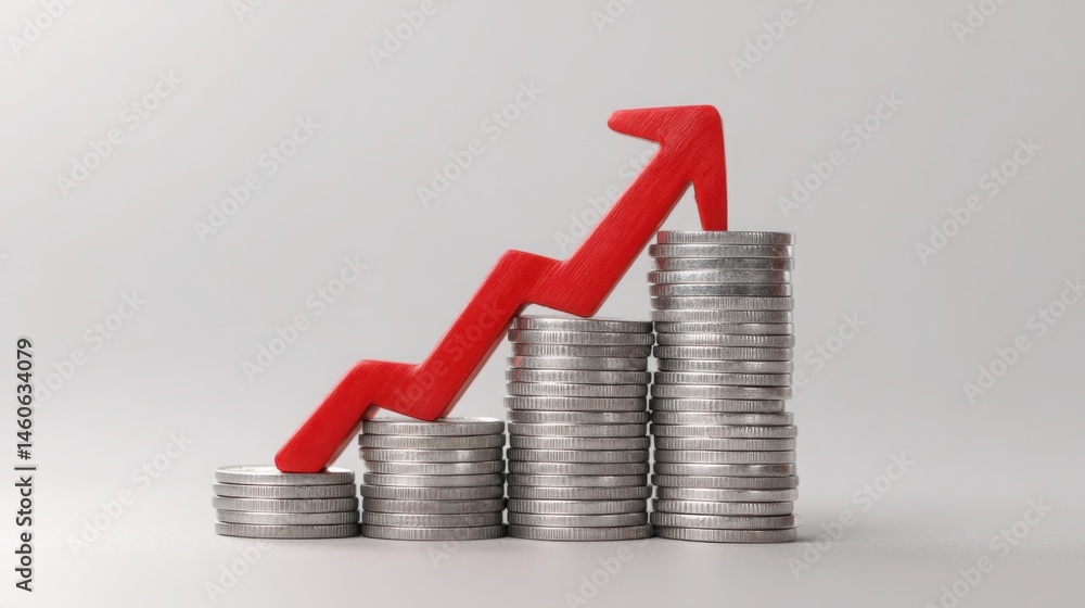 Poster stack of coins with rising red arrow depicting monthly income and recurring revenue stream in financ