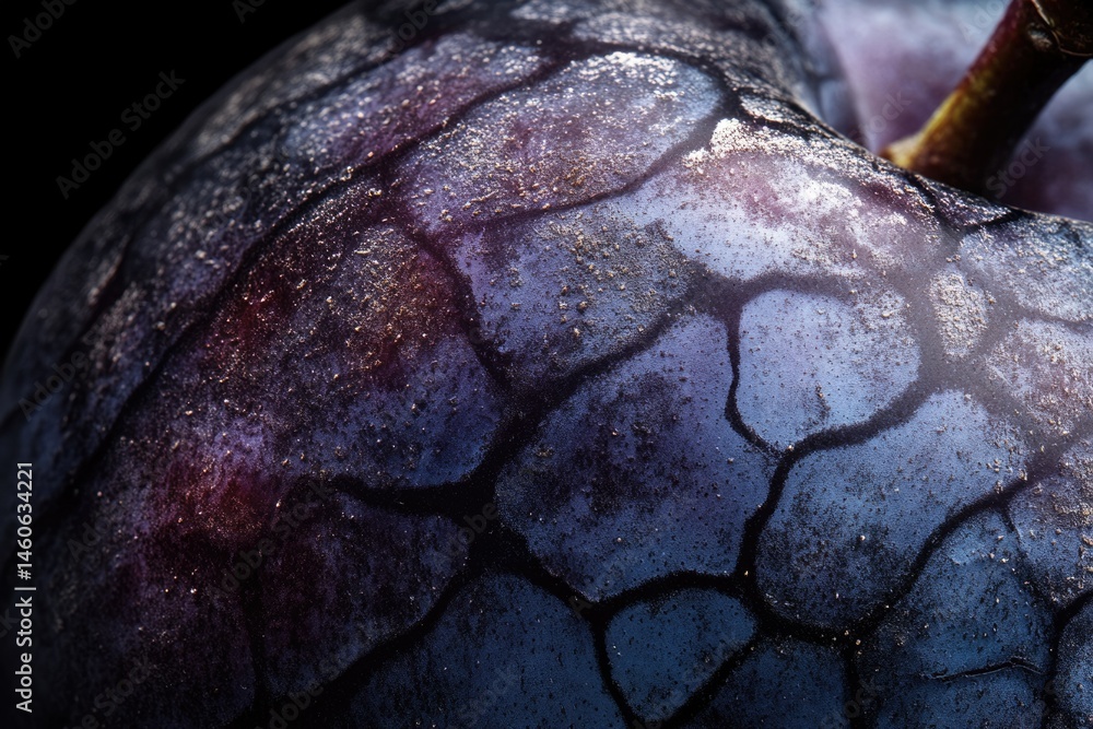 Poster close-up of a dark plum's textured skin showing intricate details and natural patterns.