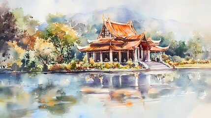Naklejka premium Watercolor painting of a serene Asian-style pavilion by a lake.