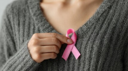 Breast cancer concept. Woman holding pink ribbon symbol of support, standing against white background, cropped view.