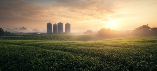 Sunrise over a vibrant farm field with silos