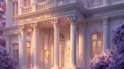 Obraz premium Elegant Classical Mansion at Golden Hour Sunlight Bathes Facade in Warm Light