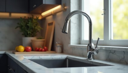 Modern kitchen faucet with sleek design and chrome finish, installed on a granite countertop , upgrade, bright