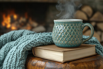Hot tea cup on wooden table with blanket and fire in background.