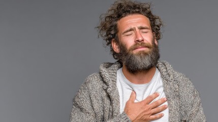 Bearded man with chest pain, touching inflamed zone, suffering from breathing difficulty, pneumonia or asthma, COVID-19 concept, grey studio background.