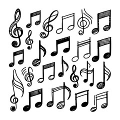 Set of music notes doodle on white background. Hand drawn abstract doodle isolated on white background.