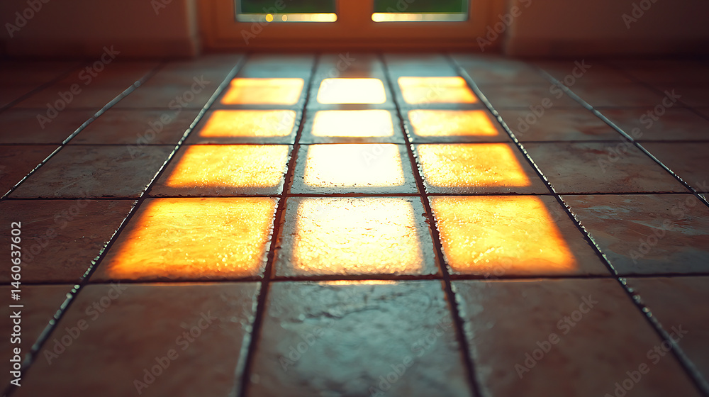 Poster illuminated tile floor with warm light and shadow patterns