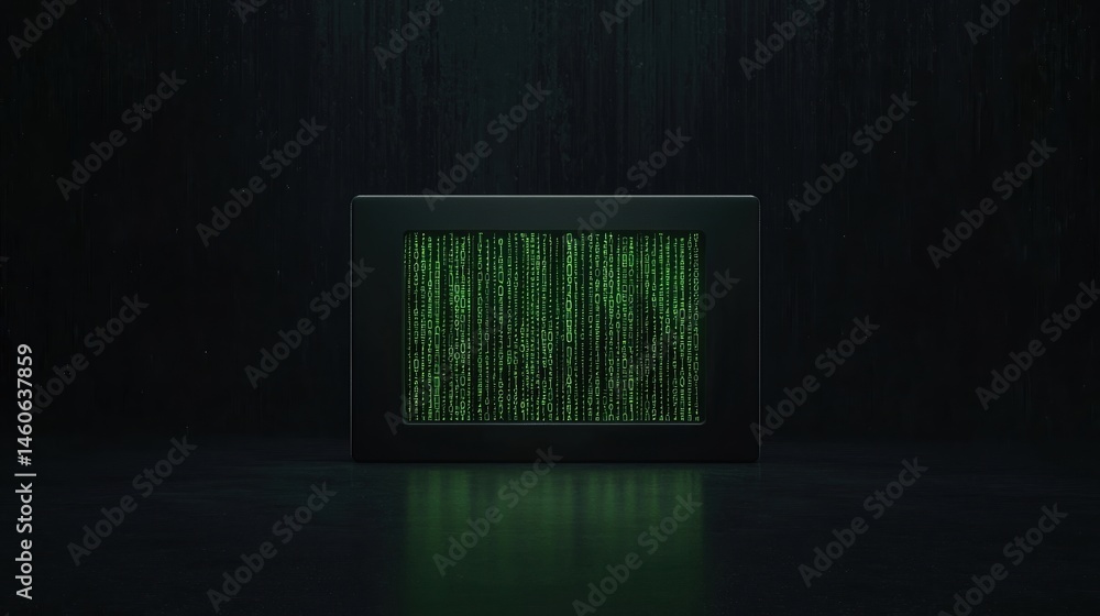 Poster a dark screen displays green digital code in a dimly lit room, evoking themes of hacking and cyberse