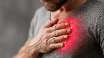 Naklejka premium Sick man holding chest, inflamed zone visible, suffering from breathing difficulties, grey studio background, pneumonia or asthma.
