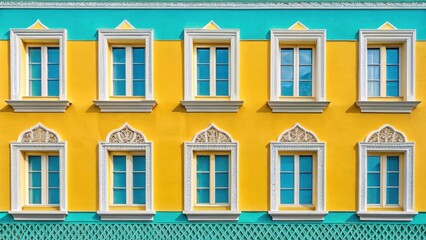 Obraz premium Vibrant yellow building facade featuring an array of symmetrical windows, showcasing a blend of architectural styles and intricate detailing in a sunny outdoor setting.