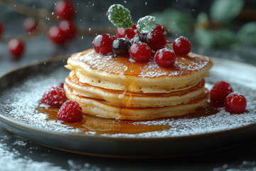 Pancakes topped with raspberries and powdered sugar on a plate.