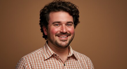 Obraz premium Smiling Man with Curly Hair in Checkered Shirt