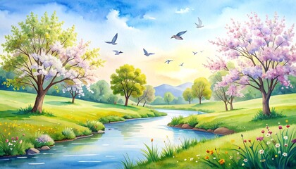 A spring scene with a small river, blooming trees and flying birds, soft light. spring background concept