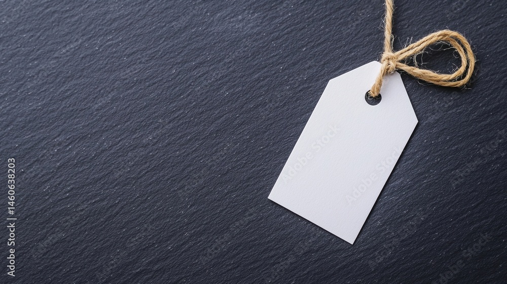 Poster a blank white tag with a brown string lies on a dark textured surface.