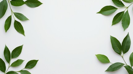 Fototapeta premium Green leaves frame the corners of a light, empty background, creating a natural and minimalistic border.