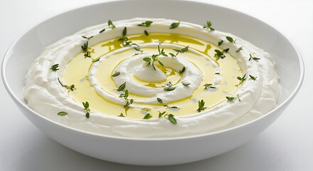 Bowl of creamy labneh with olive oil swirl and herbs on a white background