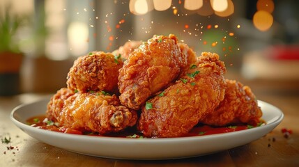 A plate of crispy fried chicken wings with a sweet and spicy sauce.