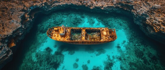 Sunken ship rests in turquoise waters, nestled within a natural rock cove.  Coral reefs surround it
