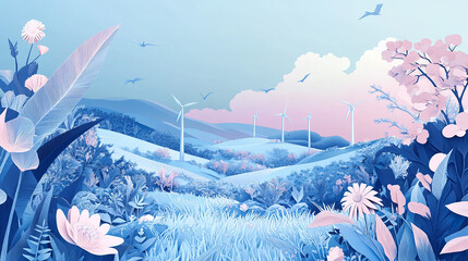 A beautiful countryside view with paper cut wind turbin