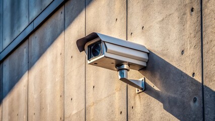 A Modern Security Camera Mounted on a Textured Concrete Wall in Sunlight