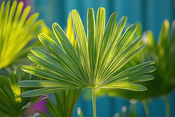 Sunlight illuminates vibrant green palm frond, detailed leaf texture, striking contrast against blurred teal background