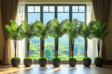 Sunlight streams through a large window, illuminating six potted palm trees arranged neatly on the hardwood floor, showcasing a lush green mountain view beyond