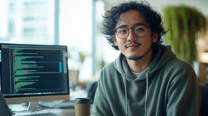 Filipino software developer with glasses and hoodie sitting in front of computer screen with code, modern office environment