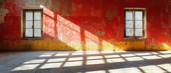 Sunlight streams through windows in a dilapidated room with red and yellow walls, casting shadows on the floor