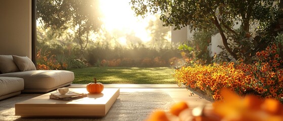 Sunlit autumn scene viewed through large window from a living room, showcasing a pumpkin on a coffee table and vibrant fall foliage