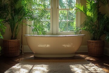 Sunlit bathroom with freestanding tub, flanked by potted plants, hardwood floors, and a woven rug