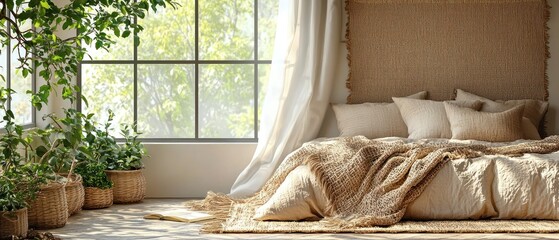 Sunlit bedroom with a cozy bed, lush plants, and large windows offering a tranquil atmosphere