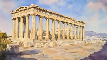 Obraz premium Watercolor depiction of ancient Greek temple ruins.