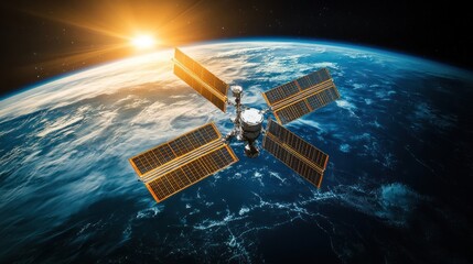 Obraz premium Satellite Orbiting Earth at Sunrise: A Stunning View of Our Planet from Space